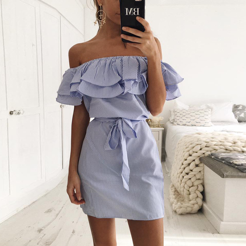 Off Shoulder Strapless Striped Ruffles Dress Sundresses Beach Casual Shirt Short Mini Party Dresses
