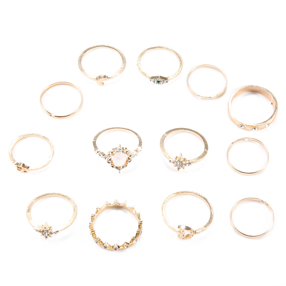 13Pcs/Set Crystal Finger Ring Set Bohemian Gold Moon Crown Knuckle Women Jewelry