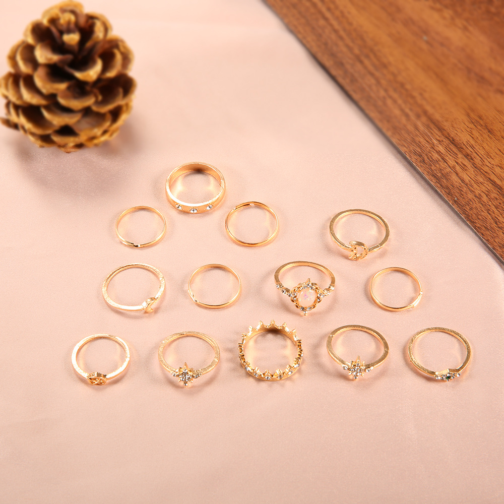 13Pcs/Set Crystal Finger Ring Set Bohemian Gold Moon Crown Knuckle Women Jewelry