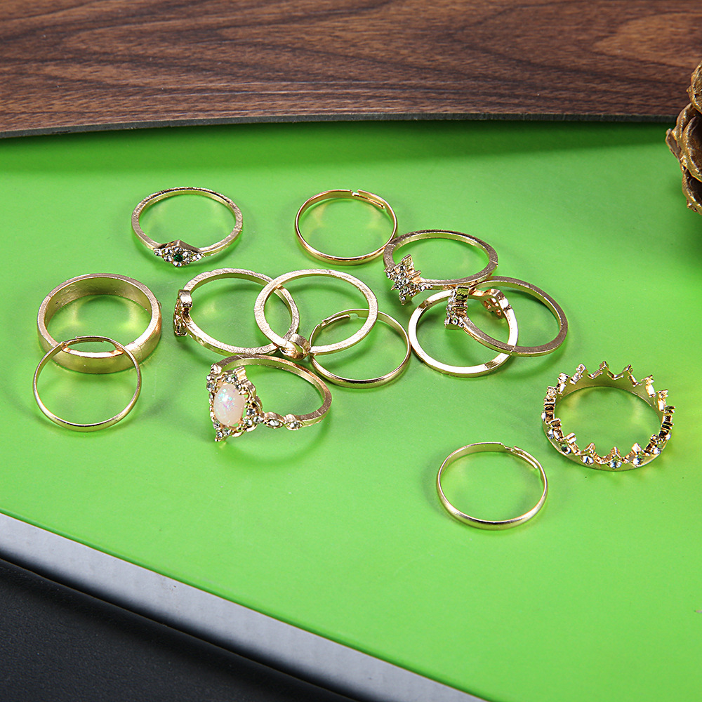 13Pcs/Set Crystal Finger Ring Set Bohemian Gold Moon Crown Knuckle Women Jewelry