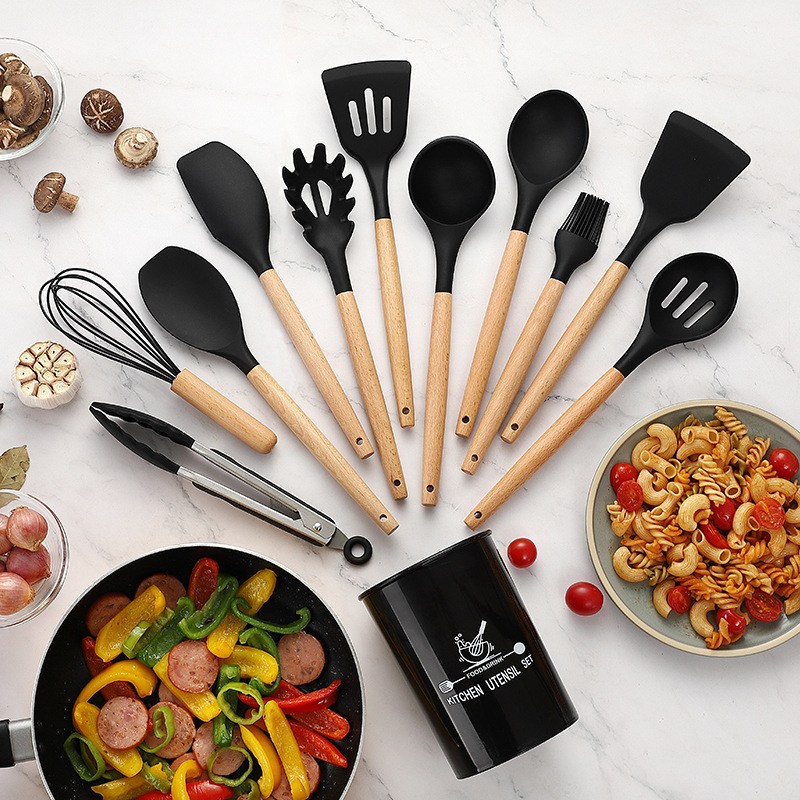 Silicone Cooking Utensils Set Cookware Non-stick Spatula Shovel Wooden Handle Cooking Tools