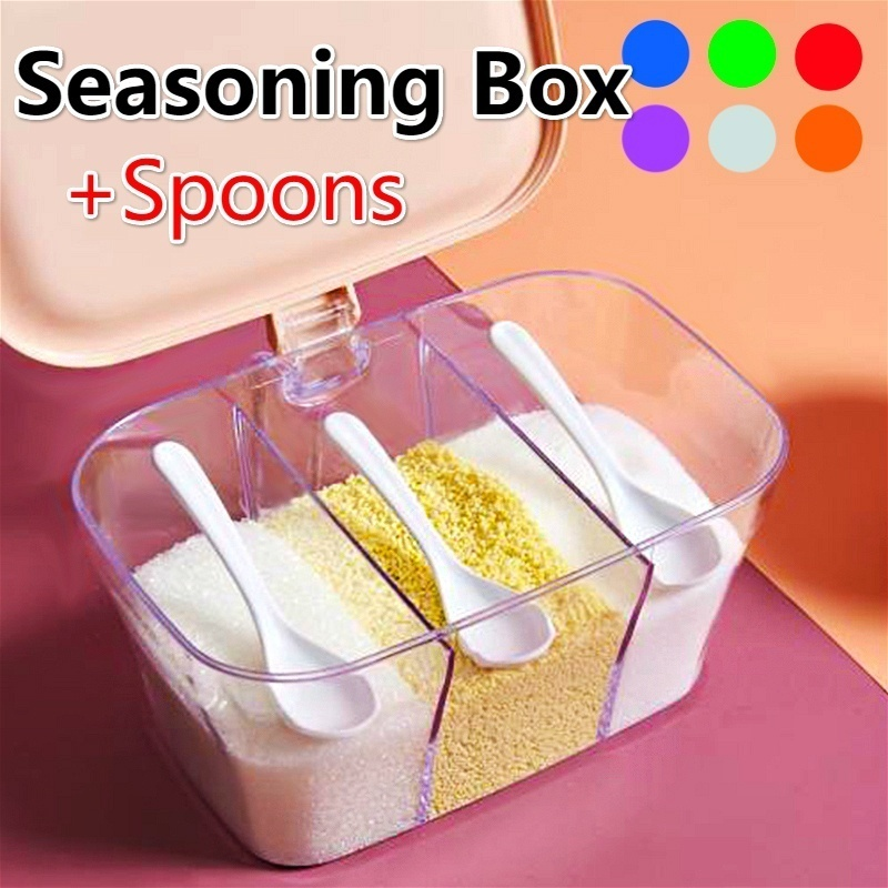 Spice Storage Box with 3*Serving Spoons for Kitchen Accessories Sugar Salt Spices Container