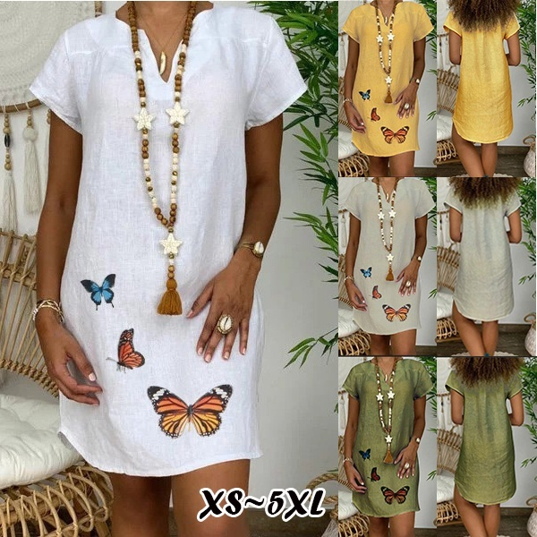 Women Fsashion Summer Loose Dress Butterfly Print Short Sleeve V-neck Dress Plus Size