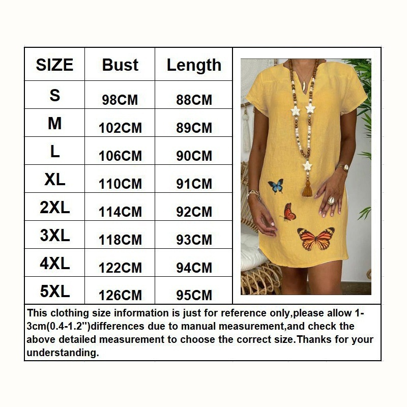 Women Fsashion Summer Loose Dress Butterfly Print Short Sleeve V-neck Dress Plus Size