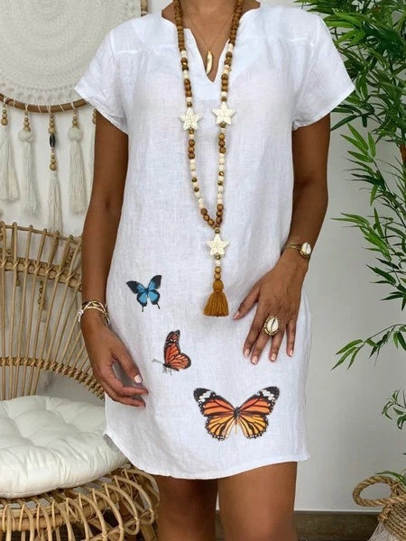 Women Fsashion Summer Loose Dress Butterfly Print Short Sleeve V-neck Dress Plus Size