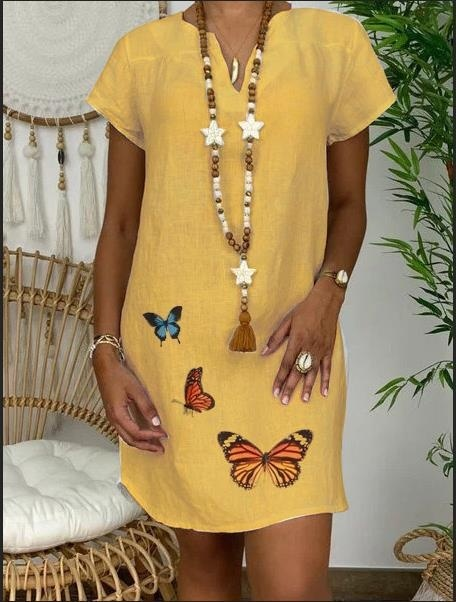 Women Fsashion Summer Loose Dress Butterfly Print Short Sleeve V-neck Dress Plus Size