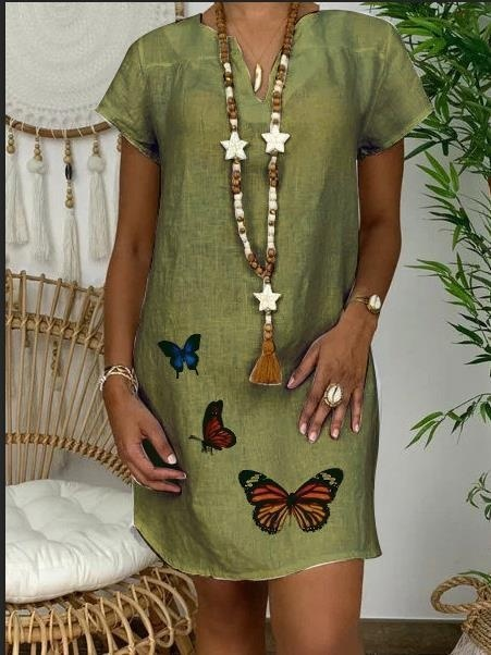 Women Fsashion Summer Loose Dress Butterfly Print Short Sleeve V-neck Dress Plus Size