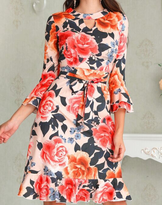 Ladies Casual Floral Long Sleeve Dress Flared Sleeve Casual Dress