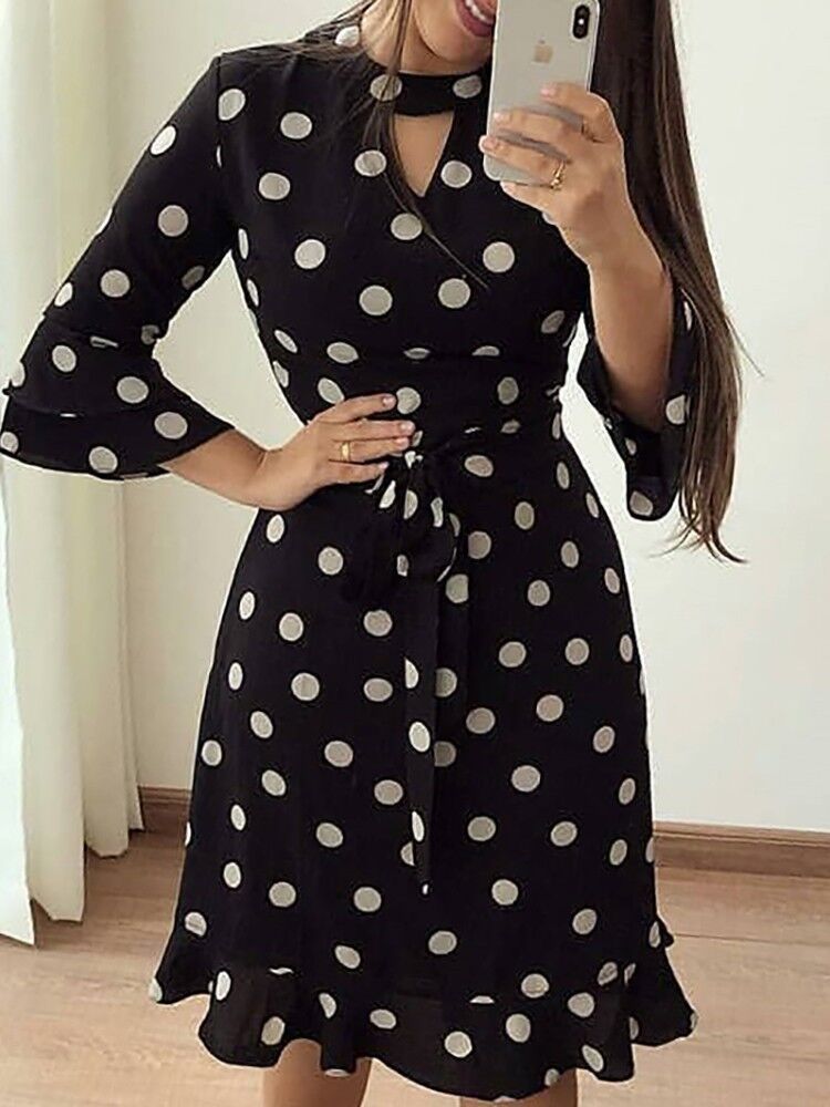 Ladies Casual Floral Long Sleeve Dress Flared Sleeve Casual Dress