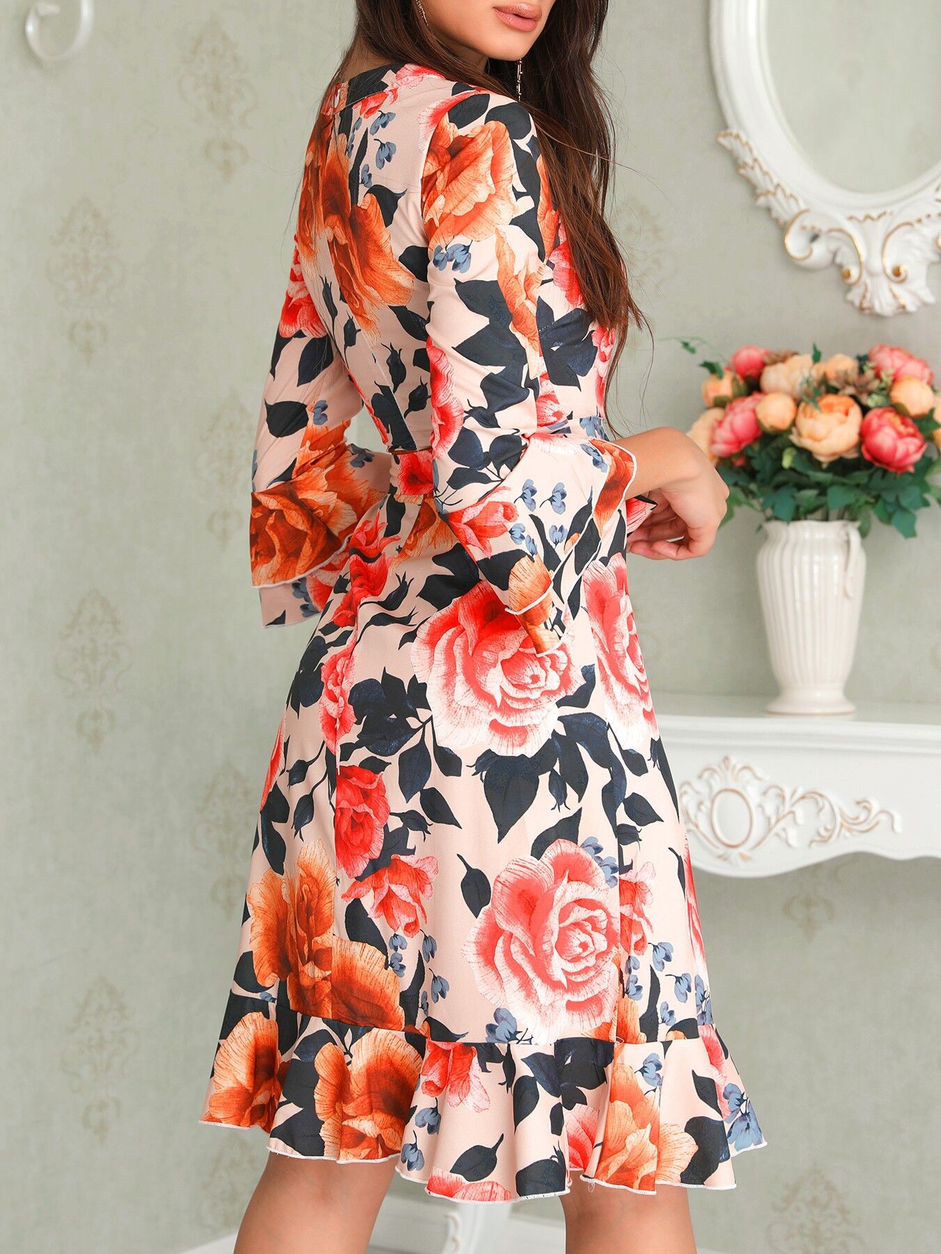 Ladies Casual Floral Long Sleeve Dress Flared Sleeve Casual Dress