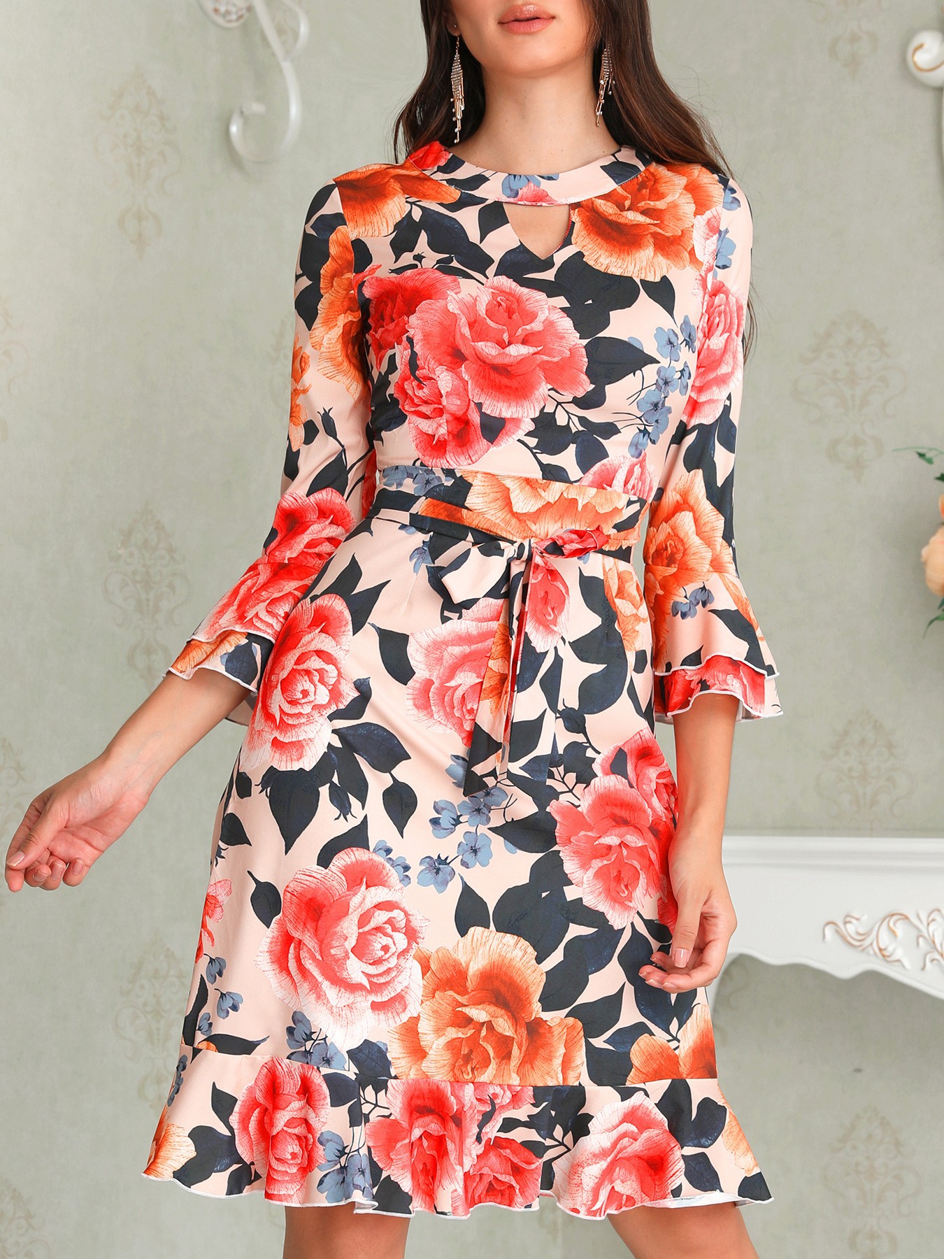 Ladies Casual Floral Long Sleeve Dress Flared Sleeve Casual Dress