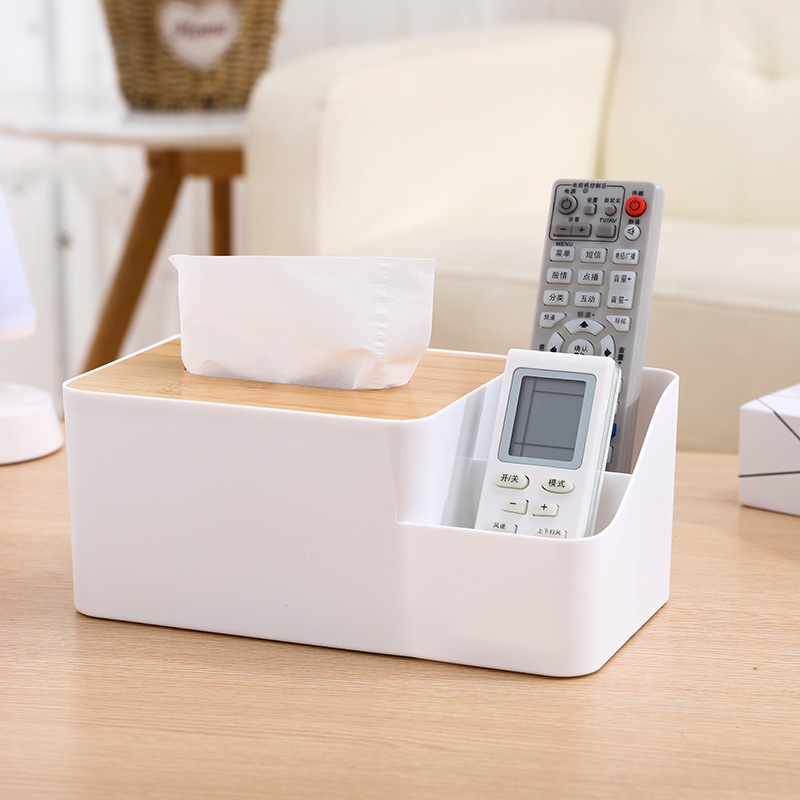 Multifunctional bamboo cover desktop split tissue box coffee table drawer remote control storage