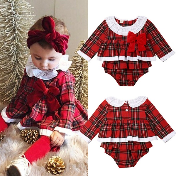 Xmas Toddler Baby Girl Christmas Romper Dress Bodysuit Plaids Outfits Clothes Age For 0-24 Months