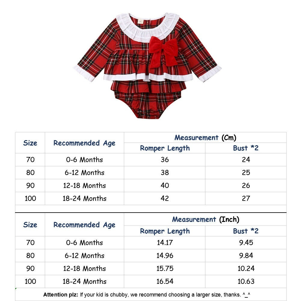Xmas Toddler Baby Girl Christmas Romper Dress Bodysuit Plaids Outfits Clothes Age For 0-24 Months
