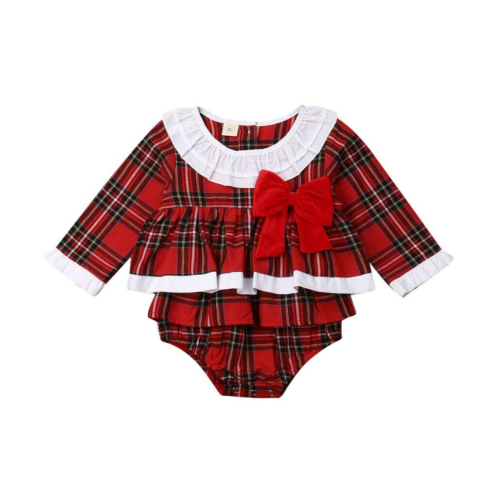 Xmas Toddler Baby Girl Christmas Romper Dress Bodysuit Plaids Outfits Clothes Age For 0-24 Months