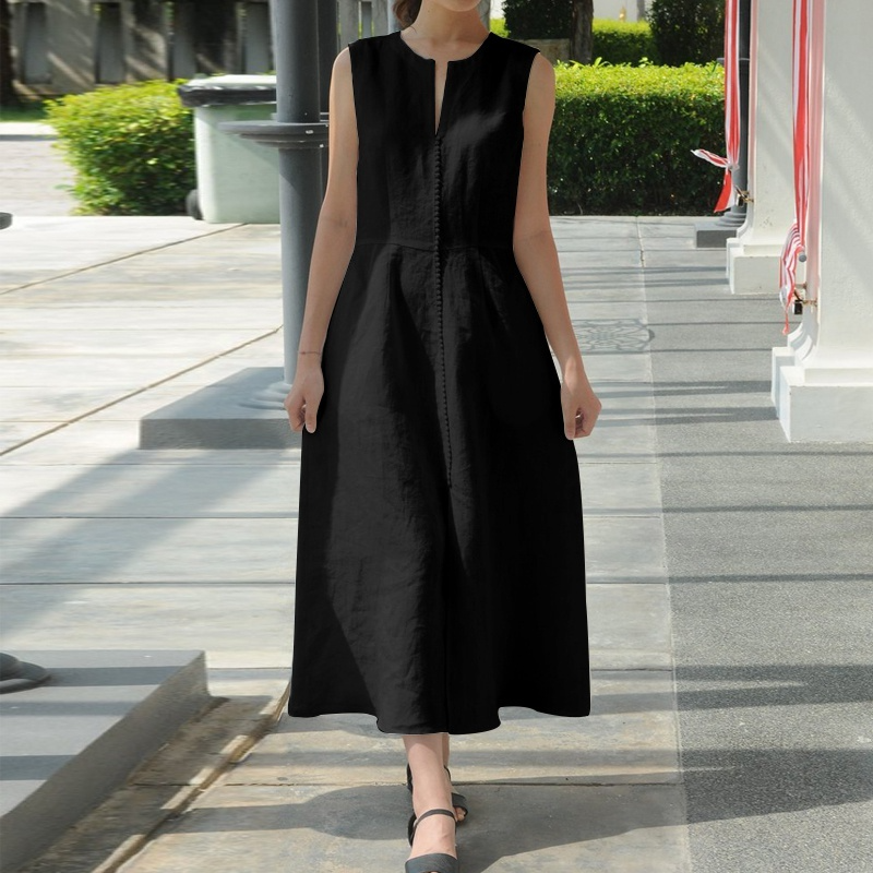 Summer Fashion Womens Sleeveless V Neck Dress Ruffle Cotton Linen Dress Belt Vacation Maxi Dress