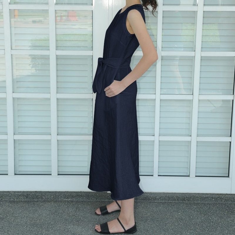Summer Fashion Womens Sleeveless V Neck Dress Ruffle Cotton Linen Dress Belt Vacation Maxi Dress