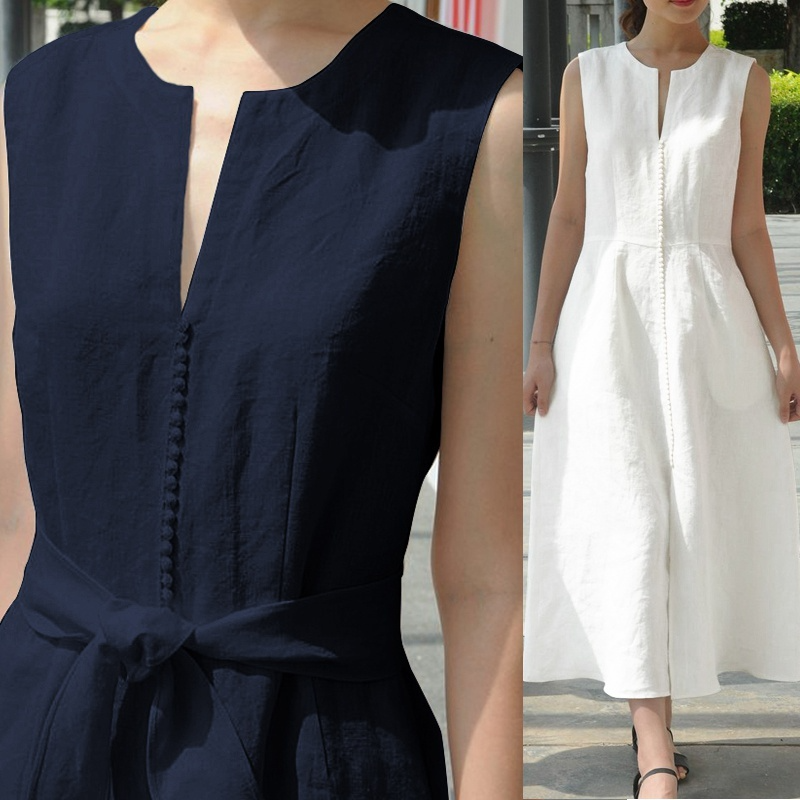 Summer Fashion Womens Sleeveless V Neck Dress Ruffle Cotton Linen Dress Belt Vacation Maxi Dress