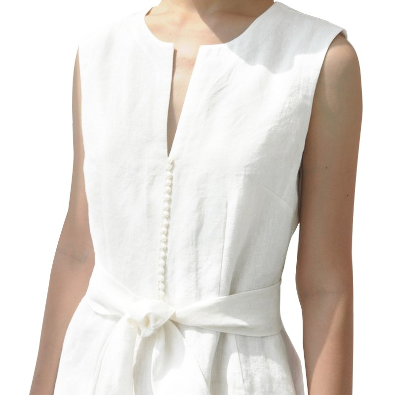 Summer Fashion Womens Sleeveless V Neck Dress Ruffle Cotton Linen Dress Belt Vacation Maxi Dress