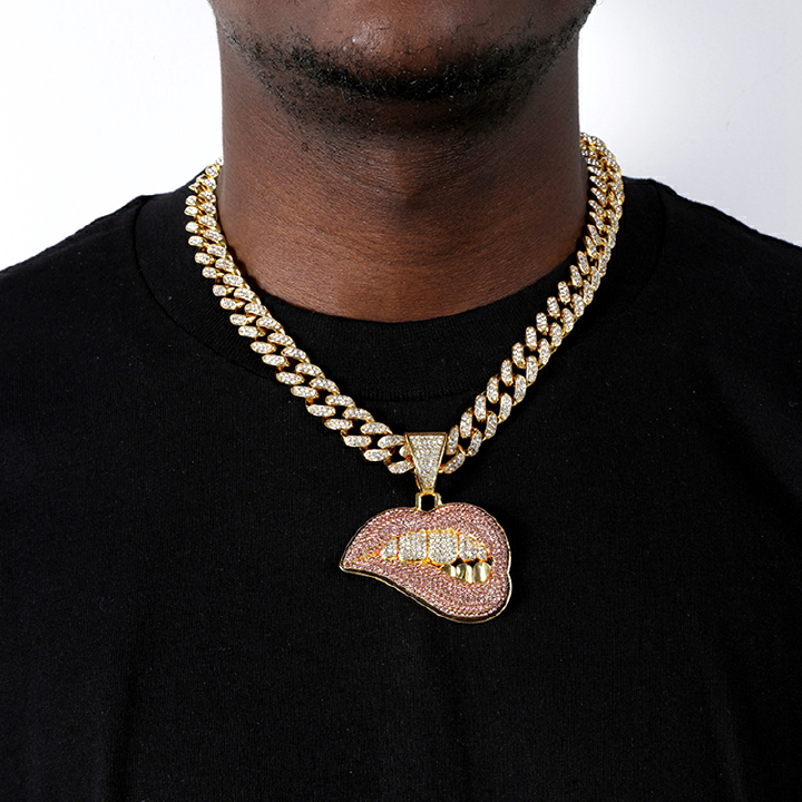 HIP HOP Rhinestone Iced Out Miami 13mm Cuban Link Chain Sexy Biting Lips Pendant Necklaces For Men's Women Jewelry
