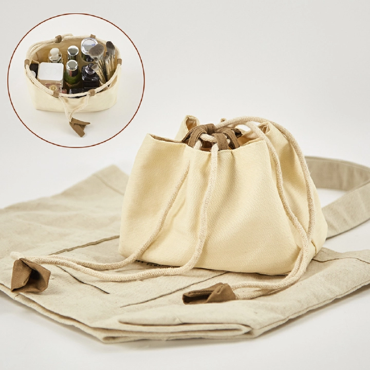Portable Canvas Cosmetic Make Bag Multifunctional Large Capacity Drawstring Bag Lazy Person Strap Storage Bag Cosmetic Bag