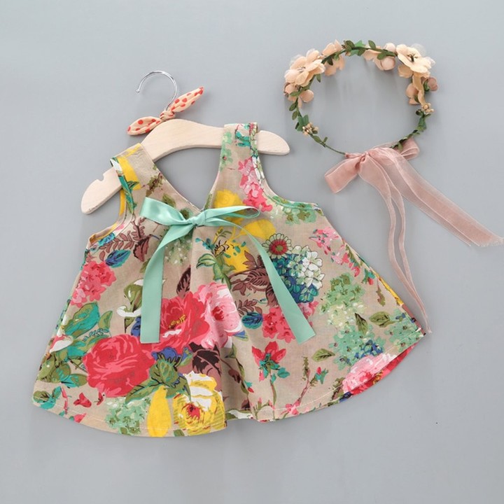 Summer Kids Girls Outfits Sleeveless Fashion Floral Print Dress With Shorts