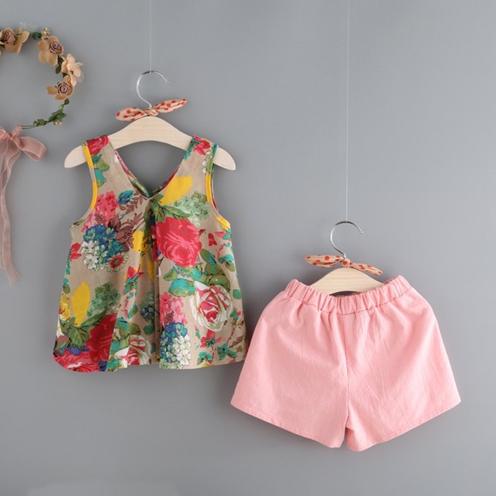 Summer Kids Girls Outfits Sleeveless Fashion Floral Print Dress With Shorts