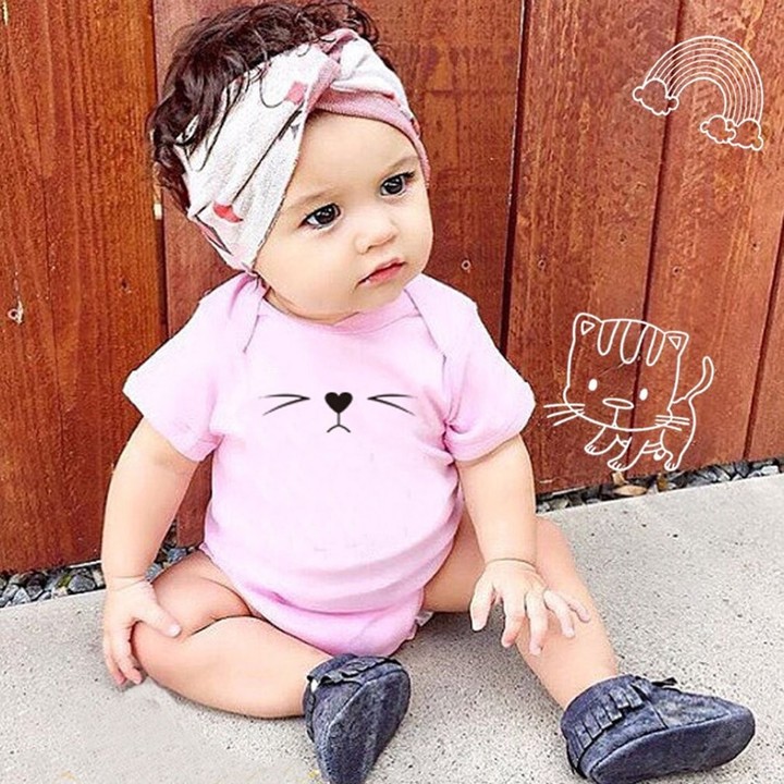 Summer Baby Unisex Short Sleeves Cat Printing Round Collar Triangle Romper