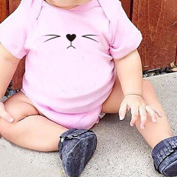 Summer Baby Unisex Short Sleeves Cat Printing Round Collar Triangle Romper