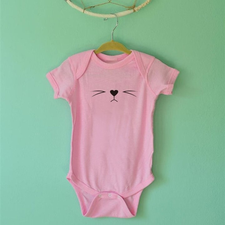 Summer Baby Unisex Short Sleeves Cat Printing Round Collar Triangle Romper