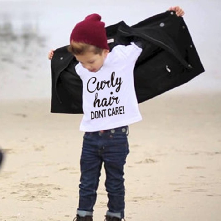 Baby Boys Girls T-shirt Solid Curly Hair Don&apos;t Care Printed Short Sleeve Tops
