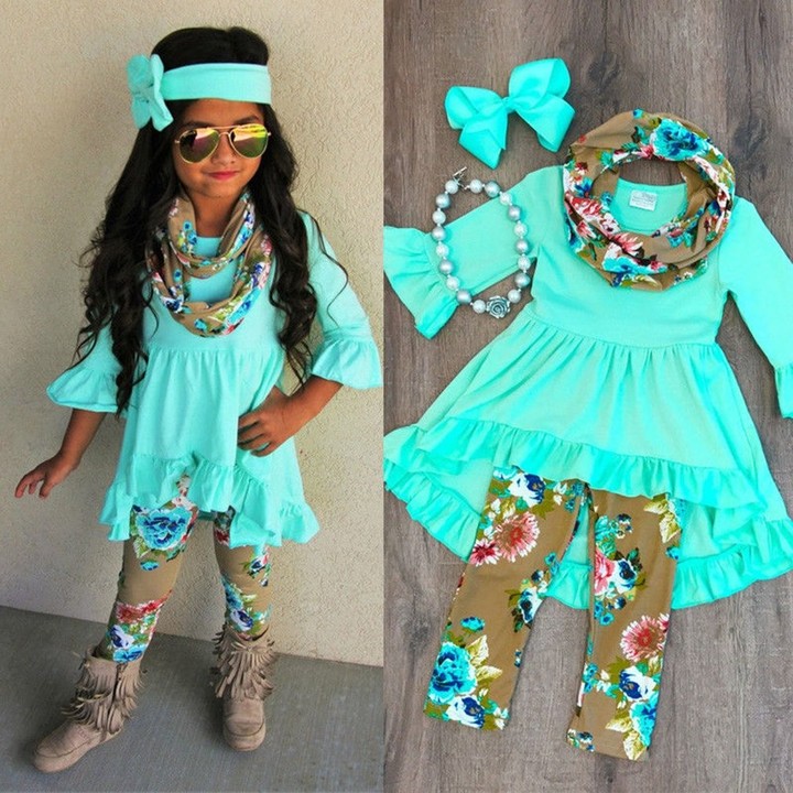 3pcs Children Clothes Flouncing Tops+Floral Pants+Bowknot Headdress for Girls
