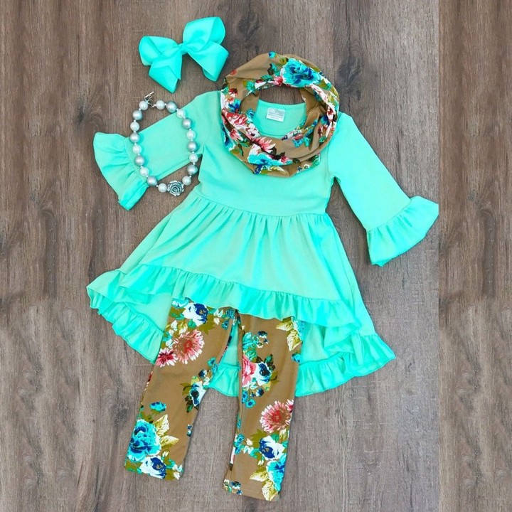 3pcs Children Clothes Flouncing Tops+Floral Pants+Bowknot Headdress for Girls