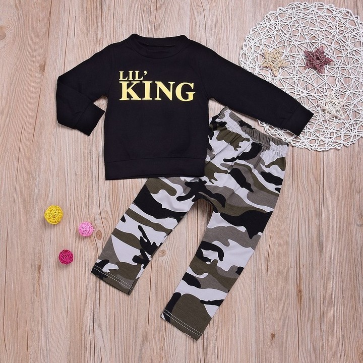 2pcs Boys Letter &amp; Camouflage Pattern Long Sleeves T-Shirt &amp; Long Pants Outfit