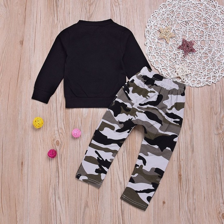 2pcs Boys Letter &amp; Camouflage Pattern Long Sleeves T-Shirt &amp; Long Pants Outfit