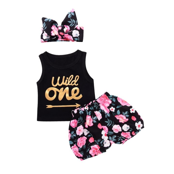 3pcs Girls Letter &amp; Floral Printed Sleeveless Romper &amp; Pants &amp; Hat Outfits Set