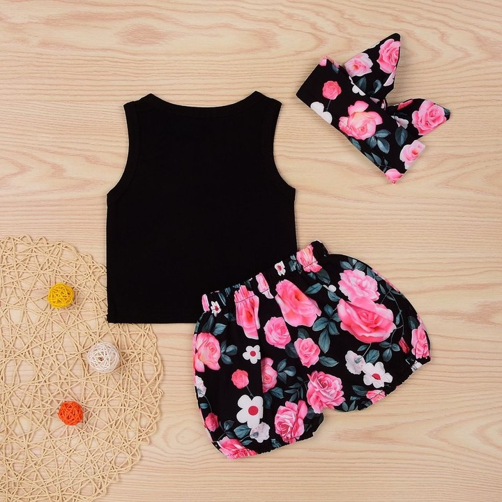 3pcs Girls Letter &amp; Floral Printed Sleeveless Romper &amp; Pants &amp; Hat Outfits Set