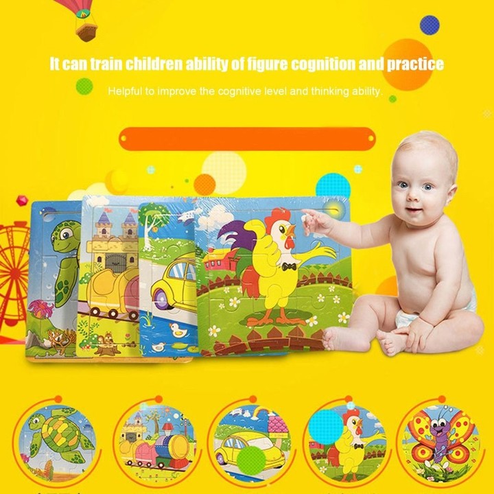 Wooden Cartoon Animals Pattern Puzzle 9pcs Jigsaw Baby Kid Early Learning Toy