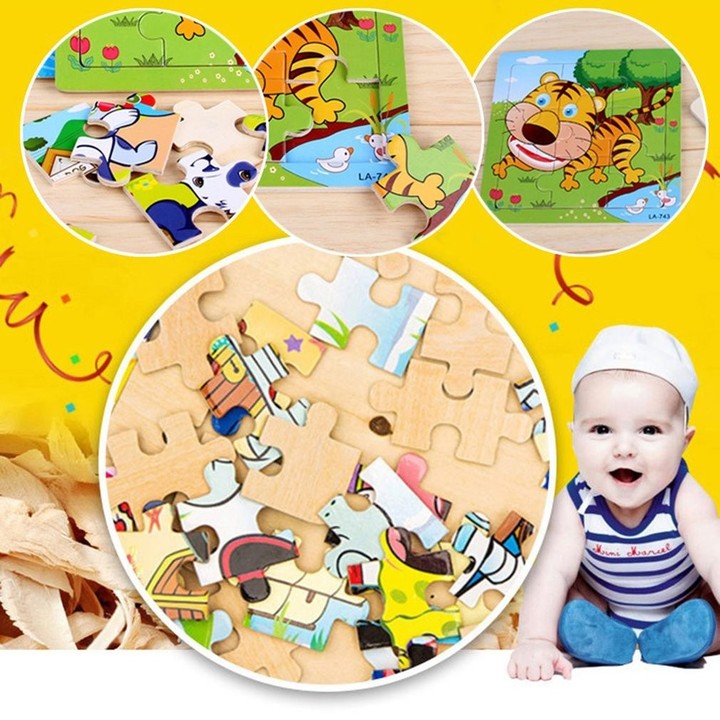 Wooden Cartoon Animals Pattern Puzzle 9pcs Jigsaw Baby Kid Early Learning Toy