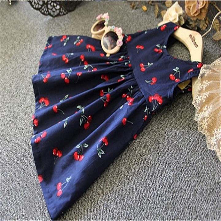 Girls Cherry Cute Navy cotton lace sleeveless vest With Cheeries Easter Dress