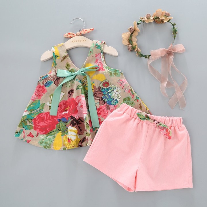 Summer Kids Girls Outfits Sleeveless Fashion Floral Print Dress With Shorts