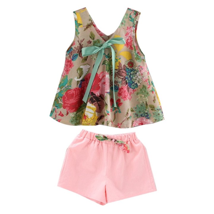 Summer Kids Girls Outfits Sleeveless Fashion Floral Print Dress With Shorts