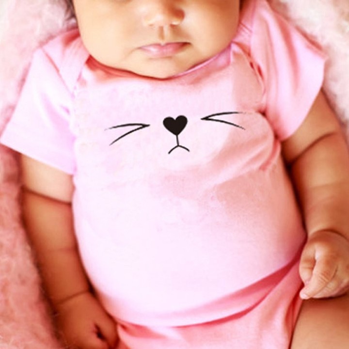 Summer Baby Unisex Short Sleeves Cat Printing Round Collar Triangle Romper