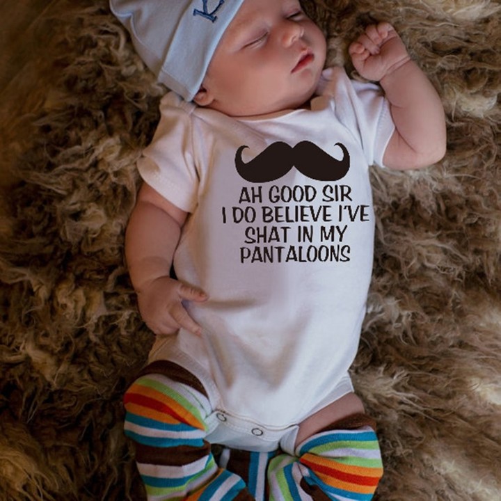 Summer Casual Baby Unisex Mustache & Letter Print Short Sleeve Bodysuit Romper