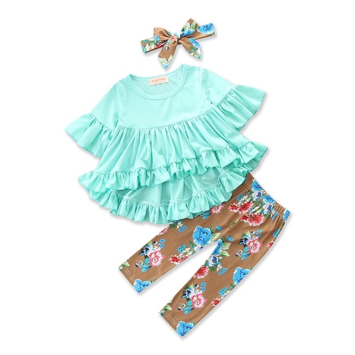 3pcs Children Clothes Flouncing Tops+Floral Pants+Bowknot Headdress for Girls
