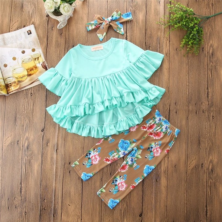3pcs Children Clothes Flouncing Tops+Floral Pants+Bowknot Headdress for Girls