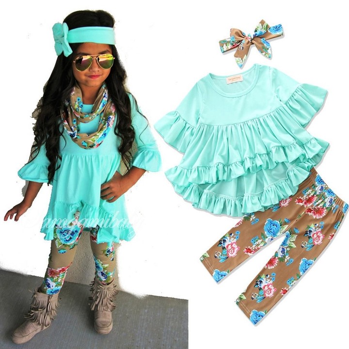 3pcs Children Clothes Flouncing Tops+Floral Pants+Bowknot Headdress for Girls
