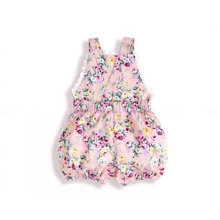 Cotton Floral Suspender Shorts with Lace Stitching & Elastic Waist for Girls