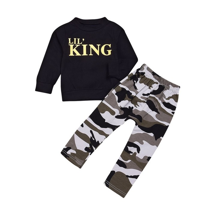 2pcs Boys Letter &amp; Camouflage Pattern Long Sleeves T-Shirt &amp; Long Pants Outfit