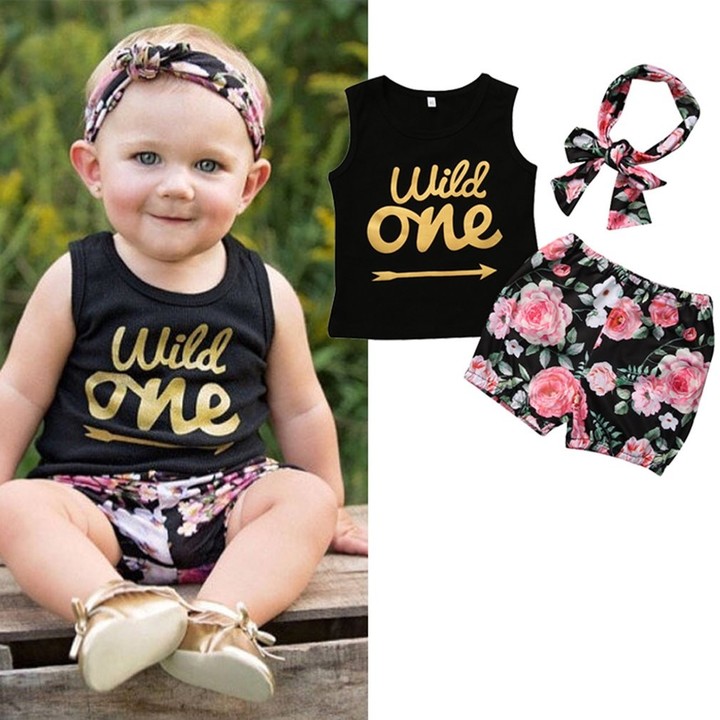 3pcs Girls Letter &amp; Floral Printed Sleeveless Romper &amp; Pants &amp; Hat Outfits Set